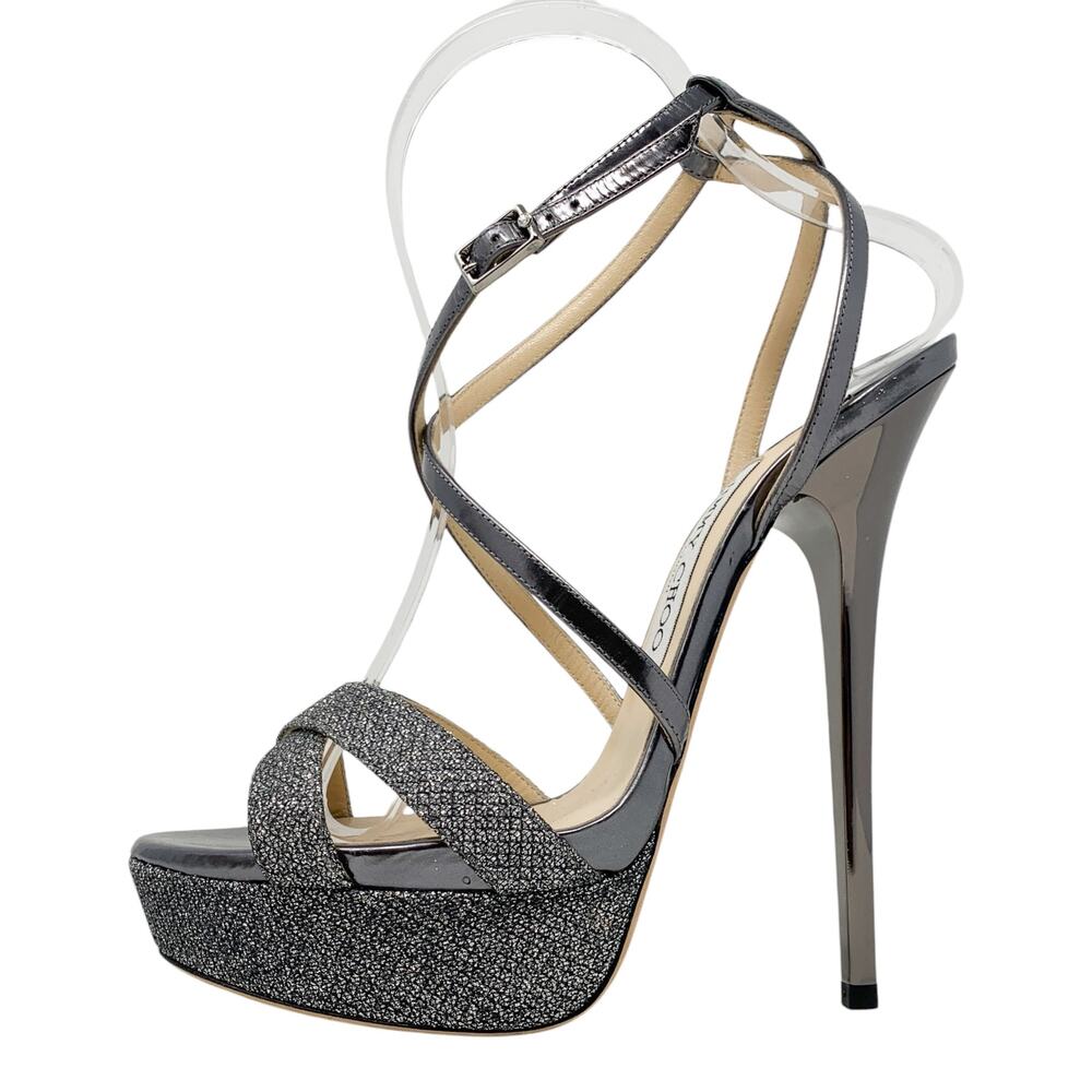Jimmy Choo Liddie 145 Silver Glitter Platform Heels Sandals EU 38.5